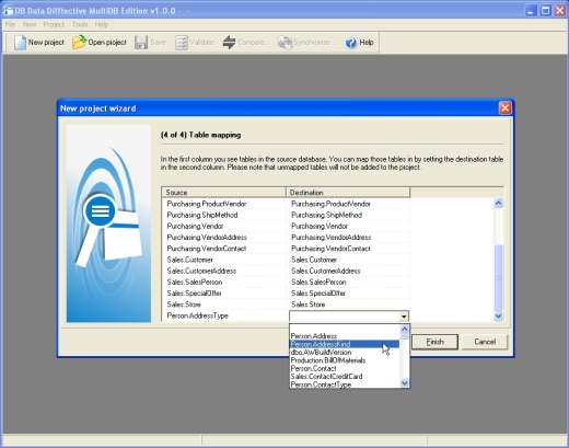 Map tables in source and destination database