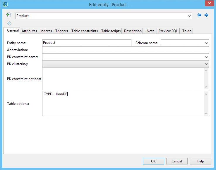 define mysql table options such as type=innodb