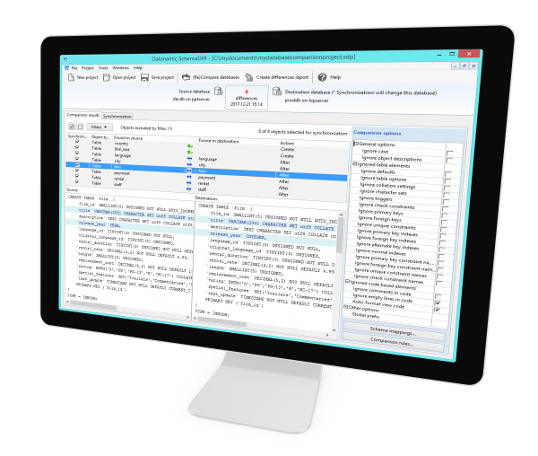 synchroniseer en vergelijk databaseschemas voor mysql, oracle, ms sql, postgresql databases