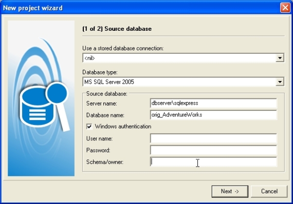 Specify location of source database